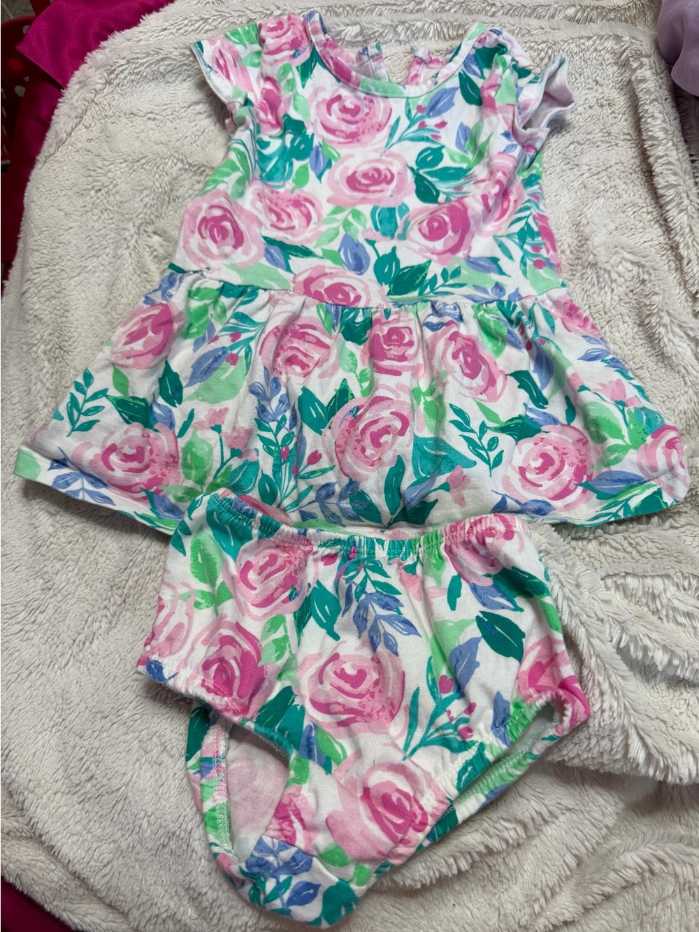 Girls Floral Roses Ruffle Dress & Bloomers Set - Pink Green Blue Roses